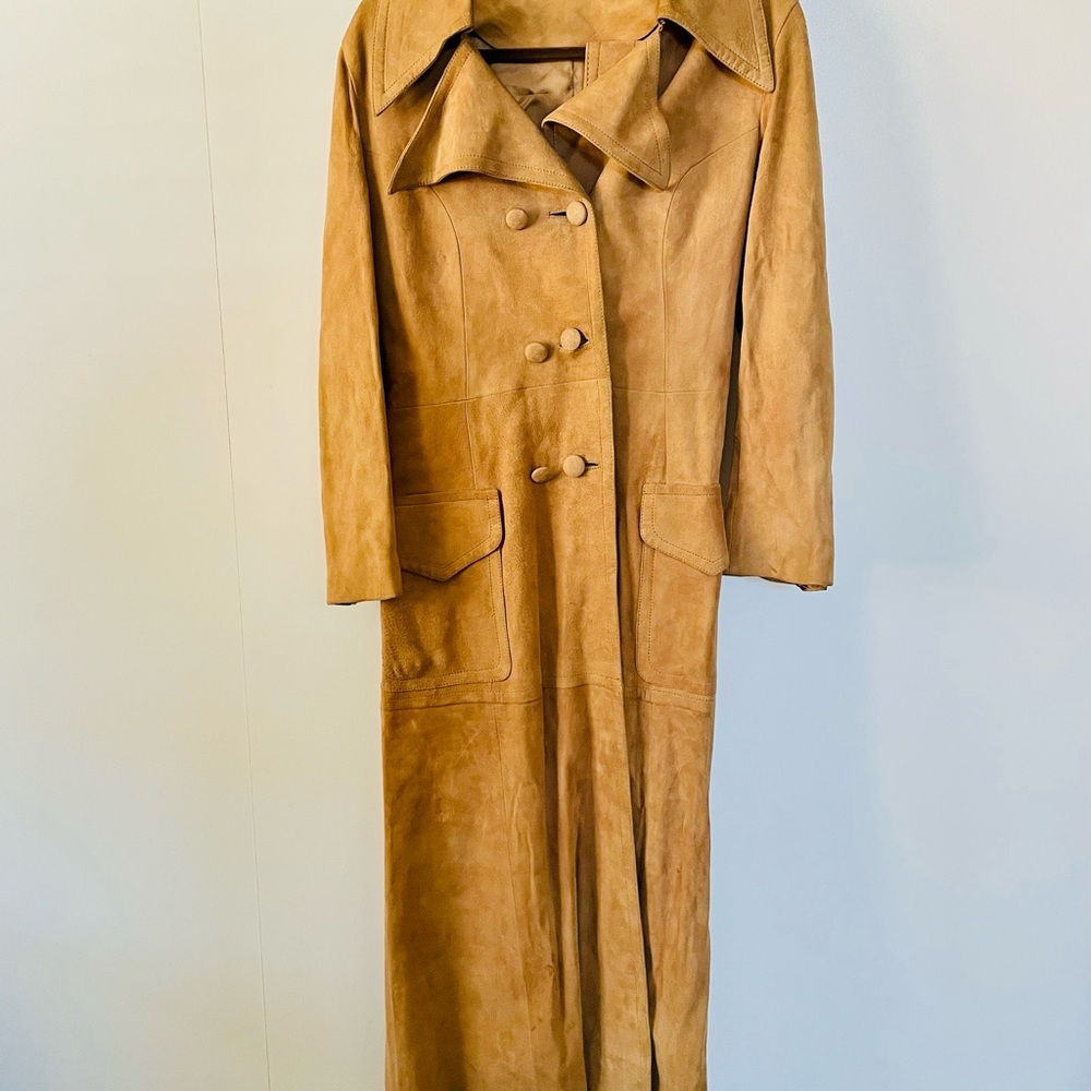 Women’s Tan Leather Long Double-Breasted Top Coat Sz 2